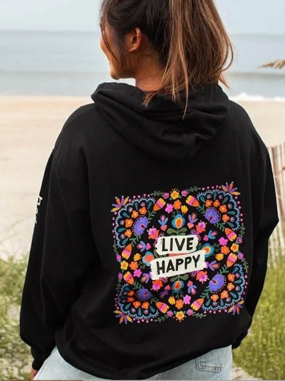 Natural Life Floral Hoodie Sweatshirt Live Happy Large